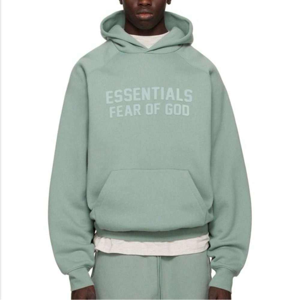 FEAR OF GOD Essentials Green Pullover Hoodie with Rubber Logo